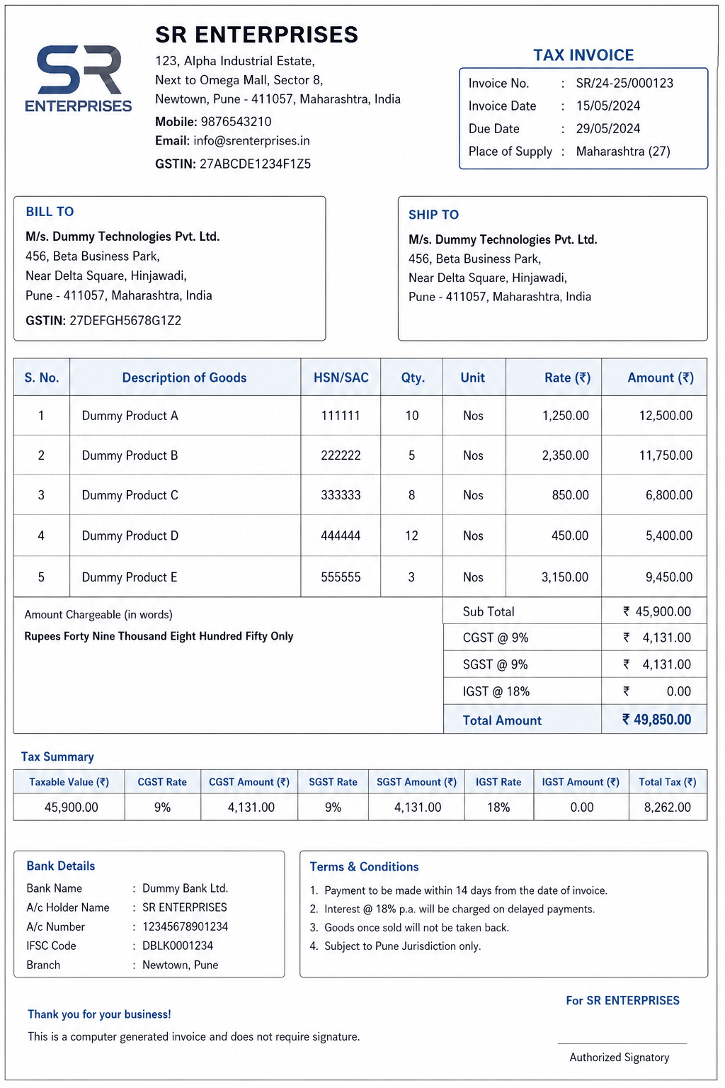 Sample Indian GST Invoice