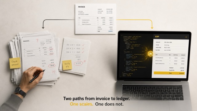 AI vs OCR invoice processing comparison showing two paths from invoice to ledger